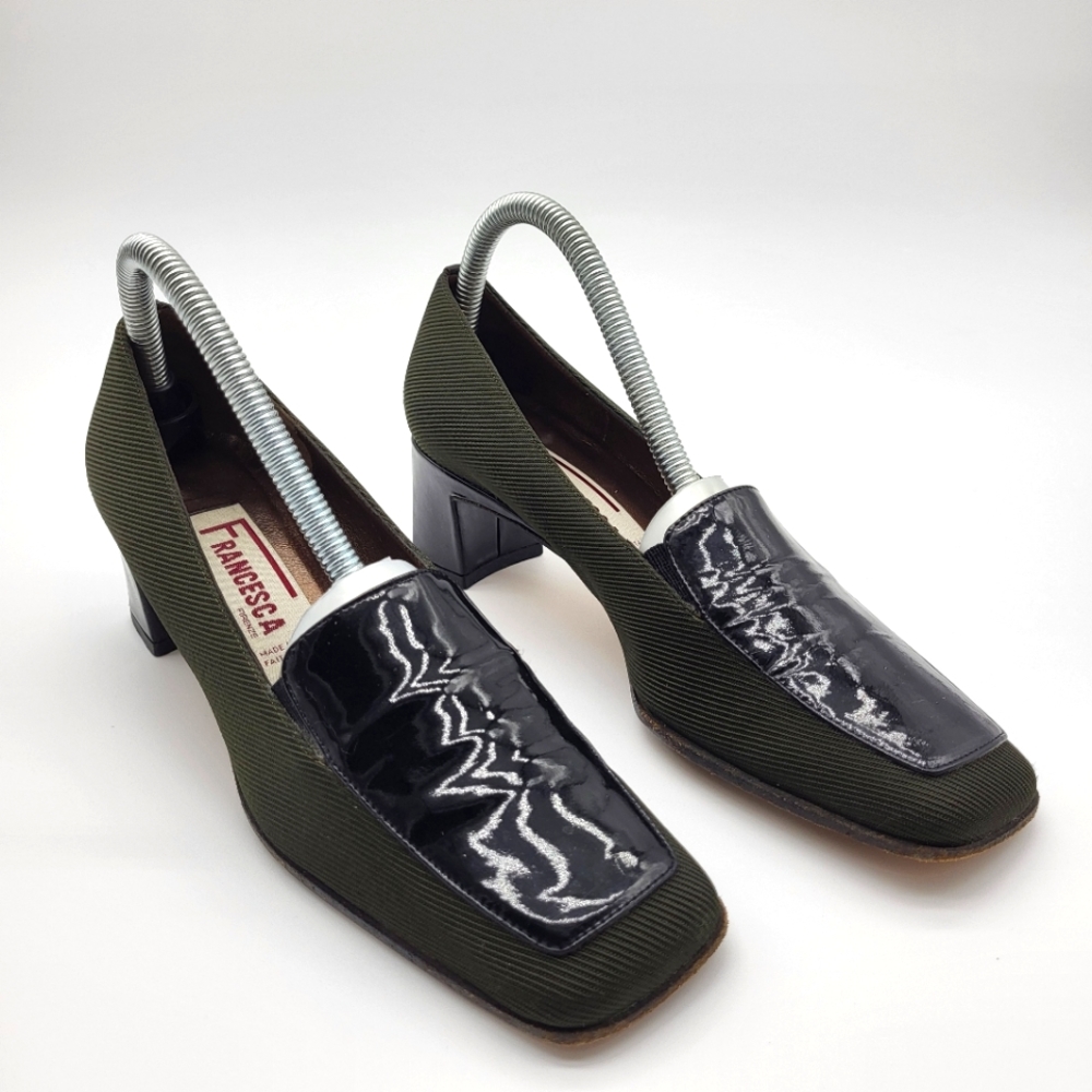 Francesca Firenze Olive Green Material +black Patent Leather Square Toe Shoe